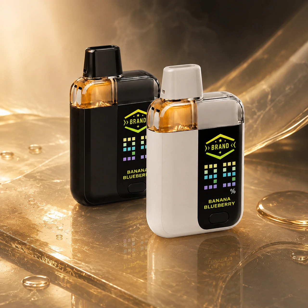 Black and white AIO review pair cannabis vape hardware with visible amber oil chamber