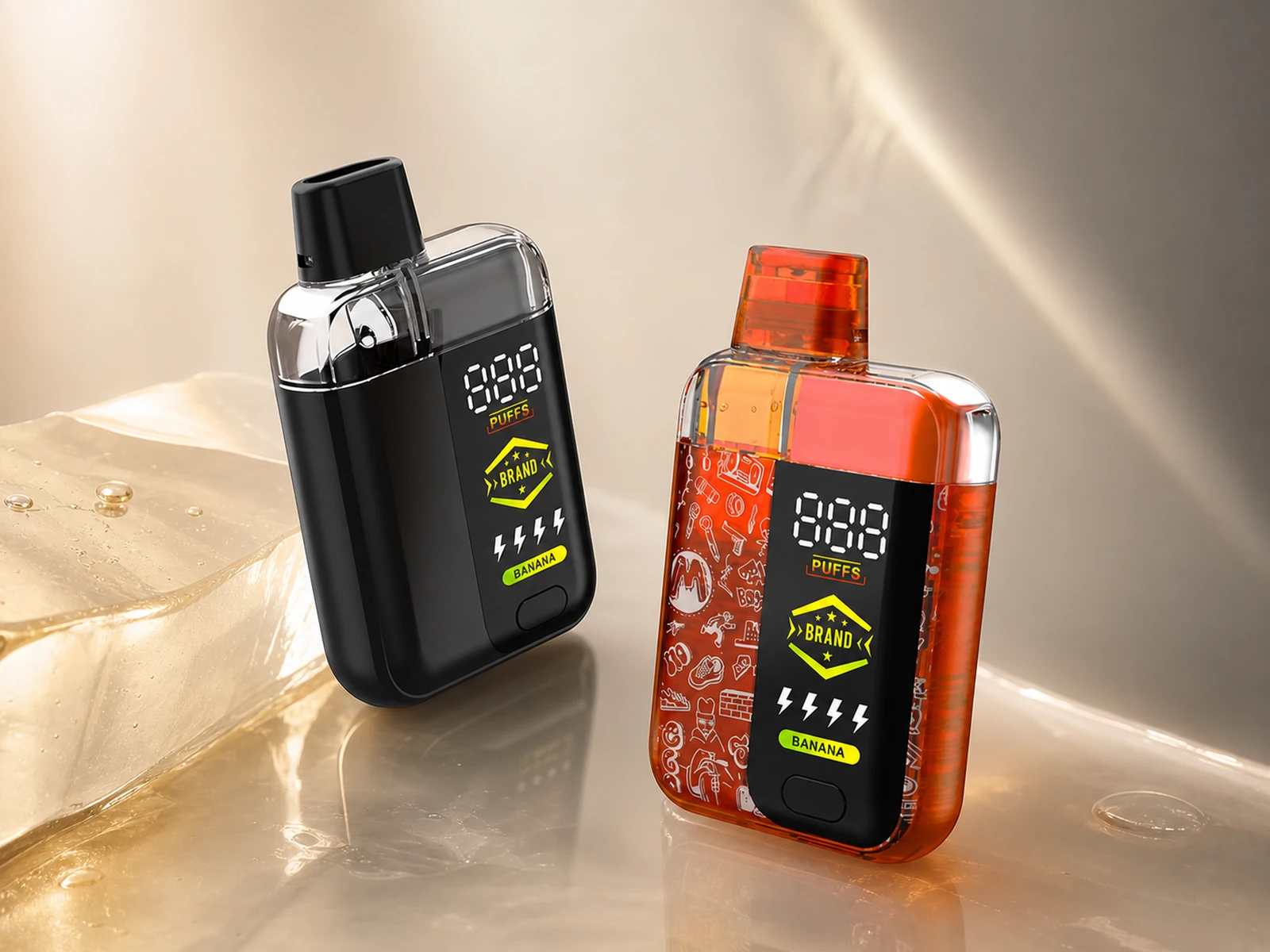 Dual AIO cannabis vape hardware with visible amber oil chamber